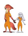  angry anthro barefoot canid canine cheek_tuft clothed clothing disney duo face_tuft fluffy fluffy_tail fox fully_clothed fur grey_body grey_fur handcuffed judy_hopps jumpsuit lagomorph leporid looking_at_another mammal nick_wilde orange_body orange_fur orange_jumpsuit rabbit red_fox rin_tyan simple_background standing tuft white_background white_body white_fur zootopia 