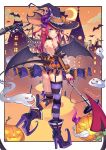  1girl absurdres ass asymmetrical_horns black_legwear black_panties blue_eyes curled_horns dragon_girl dragon_horns dragon_tail dress earrings elizabeth_bathory_(fate)_(all) elizabeth_bathory_(halloween_caster)_(fate) fang fang_out fate/grand_order fate_(series) garter_straps halloween halloween_costume hat highres holding holding_microphone horns horns_through_headwear idol jack-o&#039;-lantern jewelry kaer_sasi_dianxia long_hair microphone microphone_stand mismatched_legwear multicolored multicolored_clothes multicolored_legwear multicolored_panties orange_legwear panties pink_hair pointy_ears purple_legwear purple_panties short_dress single_over-kneehigh single_thighhigh smile solo striped striped_legwear striped_panties tail thighhighs underwear vertical-striped_dress vertical_stripes wings witch_hat 