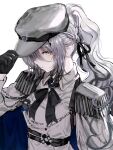  1girl badge black_gloves blue_cape blue_eyes blue_gemstone cape epaulettes gem gloves grey_hair hat highres jacket long_hair looking_at_viewer military_hat military_jacket military_uniform nijisanji official_alternate_costume ponytail red_ribbon ribbon seeledayo sidelocks simple_background solo sophia_valentine sophia_valentine_(2nd_costume) two-sided_fabric upper_body virtual_youtuber white_background white_cape 