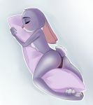  anthro breasts butt camel_toe clothed clothing disney eyes_closed female fur grey_background grey_body grey_fur head_tuft holding_object judy_hopps lagomorph leporid mammal pillow rabbit rin_tyan scut_tail simple_background sleeping solo topless tuft underwear zootopia 