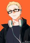  1boy absurdres anzishen ball black_shirt blonde_hair earphones glasses haikyuu!! highres open_mouth shirt short_hair solo tsukishima_kei yellow_eyes 