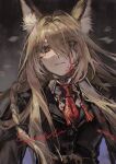  1girl absurdres animal_ear_fluff animal_ears arknights blonde_hair blood blood_in_hair blood_on_face braid brown_eyes closed_mouth fox_ears fox_girl hair_over_one_eye highres long_hair looking_at_viewer necktie pisi_peace red_necktie red_pupils scar scar_on_cheek scar_on_face single_braid solo tassel upper_body vulpisfoglia_(arknights) 