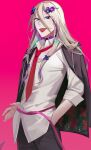  1boy absurdres belt black_jacket black_pants blonde_hair blue_eyes butterfly_hair_ornament choker collared_shirt cowboy_shot fate/grand_order fate_(series) flower hair_between_eyes hair_flower hair_ornament hairclip hand_in_pocket highres id_(fate/grand_order) jacket jacket_on_shoulders long_sleeves looking_at_viewer male_focus multicolored_eyes necktie pants pink_background pink_belt pink_eyes pseudo-tokyo_school_uniform purple_background purple_choker purple_eyes purple_flower red_necktie school_uniform shirt sidelocks simple_background solo standing tongue tongue_out white_shirt wing_collar wolfgang_amadeus_mozart_(fate) yukkuri_(fumoyun) 