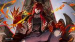  1boy animal_ears baylord_yama black_shirt choker claws collarbone colored_extremities denim dog_ears eye_print game_cg gradient_skin hand_on_own_knee hand_up highres jacket jeans long_hair looking_at_viewer official_art pants red_hair red_hands shaded_crotch shadow sharp_teeth shinsoo_(tower_of_god) shirt sidelocks simple_background sitting sitting_on_throne smile solo spiked_choker spikes sunsumizu teeth throne torn_clothes torn_jacket torn_jeans torn_pants torn_shirt tower_of_god tower_of_god:_great_journey yellow_eyes zipper 