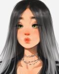  1girl aegyo_sal black_coat black_hair coat facing_viewer gradient_hair green_eyes hair_over_shoulder highres long_hair multicolored_hair multiple_necklaces o3o original portrait puckered_lips sam_yang silver_necklace simple_background solo sparkling_eyes white_background white_hair 