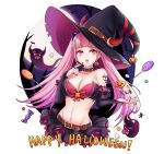  1girl absurdres belt breasts candy cleavage earrings fire_emblem fire_emblem:_three_houses food halloween_costume happy_halloween hat highres hilda_valentine_goneril jewelry large_breasts lollipop long_hair midriff nail_polish navel open_mouth pink_eyes pink_hair skirt solo twintails upper_body witch_hat zedoraart 
