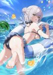  1girl :d arm_strap barefoot bikini bikini_skirt black_bikini black_ribbon blue_skirt blue_sky breasts day food fruit genjitsu_pirika green_eyes grey_hair hair_bun highres hololive inflatable_toy large_breasts multicolored_bikini outdoors ribbon rubber_duck shirogane_noel shirogane_noel_(summer_2020) skirt sky smile soles solo swim_ring swimsuit toes two-tone_bikini virtual_youtuber water watermelon white_bikini 
