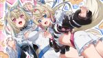  2girls animal_ear_fluff animal_ears black_coat black_jacket blonde_hair blue_background blue_eyes blue_hair blue_hairband breasts claw_pose cleavage coat cropped_shirt dog_ears dog_girl dog_tail dress fake_horns fang fuwawa_abyssgard fuwawa_abyssgard_(1st_costume) hairband headphones headphones_around_neck highres hololive hololive_english horns jacket large_breasts mococo_abyssgard mococo_abyssgard_(1st_costume) multicolored_hair multiple_girls oji_(nyantyu081) open_clothes open_coat open_jacket open_mouth pink_background pink_eyes pink_hair pink_hairband shirt siblings sisters skin_fang spiked_hairband spikes streaked_hair tail twins two-tone_hair virtual_youtuber white_dress white_shirt 