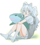  1girl absurdres animal_ear_fluff animal_ears blue_eyes blue_hair blush cat_ears cat_girl cat_tail fang grey_sweater grey_sweater_vest hair_between_eyes hair_intakes hashtag-only_commentary highres holding hood hood_down hooded_sweater kurobeko_(kur0bek0) long_hair open_mouth original panties pantyshot shirt simple_background sitting skin_fang socks solo stuffed_animal stuffed_shark stuffed_toy sweater sweater_vest tail twitter_username underwear white_panties 