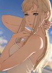  1girl blonde_hair blue_eyes breasts closed_mouth enelous gigi_andalusia gundam gundam_hathaway&#039;s_flash highres long_hair looking_at_viewer medium_breasts sky solo towel 
