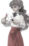  1girl black_ribbon blood brown_eyes brown_hair closed_mouth commentary cowboy_shot fear_&amp;_hunger_(series) fear_&amp;_hunger_2:_termina frilled_shirt_collar frills highres holding holding_knife kitchen_knife knife long_hair long_sleeves looking_ahead marina_(fear_&amp;_hunger) neck_ribbon oreoppi pink_skirt ribbon shirt shirt_tucked_in simple_background skirt solo white_background white_shirt 