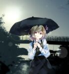  1girl black_skirt black_vest blonde_hair collared_shirt commentary_request english_commentary gorilla_(bun0615) hair_ribbon highres holding holding_umbrella lens_flare long_sleeves looking_at_viewer medium_hair mixed-language_commentary open_mouth orange_eyes outdoors parasol red_ribbon ribbon rumia shirt skirt skirt_set solo sun touhou umbrella vest white_shirt 
