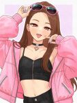  1girl 82k_mugi black_camisole breasts brown_eyes brown_hair camisole choker crop_top eyewear_on_head heart heart_choker highres idolmaster idolmaster_(classic) jacket long_hair long_sleeves looking_at_viewer midriff minase_iori navel open_clothes open_jacket open_mouth pink-framed_eyewear pink_jacket pink_nails simple_background small_breasts solo sunglasses tongue tongue_out zipper 
