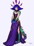  1girl absurdres artist_name bare_arms bare_shoulders barefoot blue_dress blue_hair blue_skin breasts colored_skin dress flipped_hair full_body green_skin highres kenapplepi league_of_legends long_hair neeko_(league_of_legends) pink_hair purple_skirt reptile_girl skirt slit_pupils small_breasts solo standing yellow_eyes 