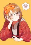  1girl :t black-framed_eyewear blush braid brown_hair commentary_request cropped_torso glasses grey_hoodie grid_print hand_on_own_cheek hand_on_own_face head_rest highres hood hood_down hoodie jacket long_hair mask mask_on_head niboshidrip official_alternate_costume over-rim_eyewear pout red_eyes red_jacket semi-rimless_eyewear sendo_yuuhi sendo_yuuhi_(2nd_costume) simple_background sleep_mask solo spoken_squiggle squiggle twin_braids virtual_youtuber vspo! yellow_background 