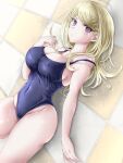  1girl ahoge akamatsu_kaede bare_shoulders blonde_hair breasts cleavage covered_nipples cowboy_shot danganronpa_(series) danganronpa_v3:_killing_harmony groin hair_ornament highres large_breasts long_hair moon_(moon0771110) musical_note musical_note_hair_ornament tile_wall tiles 