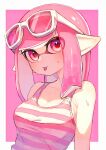  1girl :p armpit_crease bare_shoulders blush breasts cleavage closed_mouth eyewear_on_head inkling inkling_girl inkling_player_character kodak_painter large_breasts long_hair looking_at_viewer pink_eyes pink_hair pink_tank_top pointy_ears solo splatoon_(series) striped_tank_top sunglasses sweat tank_top tentacle_hair tongue tongue_out two-tone_tank_top upper_body white-framed_eyewear white_tank_top 