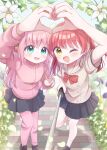  2girls black_skirt blue_eyes blush bocchi_the_rock! bow bowtie brown_shoes cube_hair_ornament falling_petals flower garden gotoh_hitori hair_ornament haruiroha heart heart_hands heart_hands_duo highres jacket kita_ikuyo leg_up long_hair multiple_girls one_eye_closed pants petals pink_hair pink_jacket pink_pants pink_track_suit red_bow red_bowtie red_hair school_uniform selfie selfie_stick shoes shuka_high_school_uniform side_ahoge side_ponytail sidewalk skirt socks track_suit v white_flower white_socks yellow_eyes yuri 