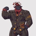  2018 anthro beard black_body black_fur boku_(character) bovid bovine cattle clothed clothing facial_hair facial_piercing flexing fur green_eyes hair horn looking_at_viewer male mammal muscular muscular_male nose_piercing piercing ponytail red_hair simple_background solo standing suite taoren white_background 