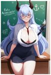 1girl absurdres anastasia_white between_breasts black_skirt blue_hair blue_nails blush bra bra_peek breasts chalkboard cleavage closed_mouth collared_shirt commentary covered_groin dated demon_girl demon_horns english_commentary fingernails glasses happy_anniversary heart highres horns large_breasts long_hair looking_at_viewer nail_polish necktie necktie_between_breasts partially_unbuttoned pencil_skirt purple_eyes red_necktie round_eyewear sedai_one semi-rimless_eyewear shirt skirt smile solo spanish_text translated underwear very_long_hair virtual_youtuber white_shirt yisusjpl 