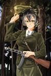 1girl arm_up black_nails blue_sky brown_hair buttons day forest green_eyes green_jacket gun hair_between_eyes hat high_ponytail highres historical_connection holding holding_gun holding_unworn_clothes holding_unworn_hat holding_weapon jacket kaiba47 khrystyna_karpenko long_sleeves military military_hat military_jacket military_uniform multicolored_hair nature neck_tattoo original outdoors petliurivka ponytail shirt sky smile soldier streaked_hair tattoo teeth tree tryzub ukraine ukrainian_insurgent_army unworn_hat unworn_headwear weapon weapon_request white_hair white_shirt world_war_ii 