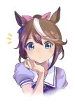  1girl absurdres animal_ears blue_eyes bow brown_hair closed_mouth commentary_request cropped_torso hair_between_eyes hair_ribbon highres horse_ears long_hair looking_at_viewer moko39_takasora multicolored_hair notice_lines pink_ribbon ponytail puffy_short_sleeves puffy_sleeves purple_bow purple_shirt ribbon school_uniform shirt short_sleeves simple_background solo streaked_hair tokai_teio_(umamusume) tracen_school_uniform umamusume white_background white_hair 