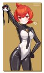  1girl absurdres ball_gag bodysuit breasts gag highres holding_gag impossible_bodysuit impossible_clothes latex latex_bodysuit looking_at_viewer maguro27 mars_(pokemon) medium_breasts pokemon pokemon_dppt red_eyes red_hair skin_tight smile solo standing 