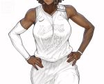  arm_warmers bare_shoulders breasts dark-skinned_female dark_skin dreadlocks eyes_out_of_frame genderswap genderswap_(mtf) hatching_(texture) head_out_of_frame highres jersey large_breasts lebron_james logo los_angeles_lakers muscular muscular_female nail_polish real_life redteneri single_arm_warmer white_arm_warmers wristband 
