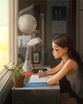  1girl 1other :d bird bracelet braid brown_eyes brown_hair calendar_(object) desk desk_lamp elbow_rest floral_print highres holding holding_pen jewelry lamp long_hair looking_at_animal neck_tattoo on_windowsill open_mouth original paper pen pencil_case plant poster_(object) potted_plant sam_yang shoulder_tattoo single_braid smile sparkling_eyes studying sunlight tattoo television upper_body very_long_hair volleyball writing 
