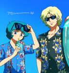  2boys adjusting_eyewear aeug black_shirt blonde_hair blue_eyes blue_hair blue_shirt character_print closed_mouth collared_shirt commentary cup drinking drinking_glass drinking_straw eyewear_lift facing_viewer gundam hand_on_eyewear hawaiian_shirt highres holding holding_cup hyaku_shiki innertube kamille_bidan looking_at_viewer male_focus mecha mobile_suit multiple_boys nainainannimo print_shirt quattro_bajeena robot shirt short_hair short_sleeves sunglasses swim_ring symbol-only_commentary translation_request tropical_drink upper_body zeta_gundam zeta_gundam_(mobile_suit) 