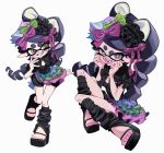  1girl alternate_costume alternate_hairstyle black_bow black_bowtie black_hair black_hairband black_jumpsuit black_leg_warmers black_sandals bow bow-shaped_hair bowtie breasts bright_pupils callie_(splatoon) commentary cross-shaped_pupils fangs full_body green_bow grin hair_bow hair_ribbon hairband hands_on_own_cheeks hands_on_own_face highres inkling invisible_chair jumpsuit ka1_(k4k37) leg_warmers lolita_hairband long_hair long_pointy_ears mole mole_under_eye multiple_views open_mouth orange_eyes overskirt pink_bow pink_ribbon pointy_ears puffy_short_sleeves puffy_sleeves ribbon ringlets sandals short_jumpsuit short_sleeves simple_background sitting small_breasts smile splatoon_(series) standing swept_bangs symbol-only_commentary symbol-shaped_pupils tentacle_hair thick_eyebrows very_long_hair white_background white_pupils 