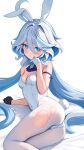  1girl absurdres ahoge animal_ear_hairband animal_ears ascot ass asymmetrical_gloves bare_shoulders bed_sheet black_gloves blue_ascot blue_eyes blue_gemstone blue_hair blue_pupils blush breasts cleavage closed_mouth commentary_request covered_navel drop-shaped_pupils fake_animal_ears fake_tail furina_(genshin_impact) gem genshin_impact gloves hair_between_eyes hairband hand_up heterochromia highres leotard long_hair lying medium_breasts mismatched_gloves multicolored_hair on_side pantyhose playboy_bunny rabbit_ears rabbit_tail rrr_gns_(riuriu_1212) solo strapless strapless_leotard streaked_hair symbol-shaped_pupils tail torn_clothes torn_pantyhose very_long_hair white_gloves white_hair white_hairband white_leotard white_pantyhose 
