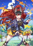  2girls ball bangle black_shirt black_visor blue_jacket blue_sky bracelet chain cheerleader closed_eyes copyright_notice dragon_musume_ni_naritakunai! duel_masters fire green_eyes hair_between_eyes hair_ornament high_ponytail holding holding_ball holding_pom_poms holding_tennis_racket jacket jewelry jurako_ljuba knee_pads long_hair metal_ball miniskirt multicolored_hair multiple_girls official_art open_clothes open_jacket open_mouth outdoors pink_jacket pleated_skirt pom_pom_(cheerleading) ponytail print_shirt red_hair red_shoes red_skirt red_socks saitou_naoki shirt shoes single_leg_pantyhose skirt sky smile socks sportswear sukune_maron teeth tennis_court tennis_uniform twintails upper_teeth_only visor_cap white_hair yellow_skirt 