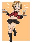  1girl adapted_costume armpits black_boots black_skirt blue_eyes blush boots braid breasts cup detached_sleeves drinking_glass drinking_straw food fruit girls_und_panzer glass_teapot groin holding holding_teapot holding_tray iced_tea jacket lemon lemon_slice midriff miniskirt navel open_mouth orange_background orange_hair orange_pekoe_(girls_und_panzer) pleated_skirt red_jacket simple_background skirt small_breasts smile st._gloriana's_military_uniform takahashi_kurage teapot tray twin_braids 