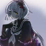  1girl arm_at_side assault_lily black_capelet black_choker black_flower black_gloves black_hairband black_ribbon black_sailor_collar black_serafuku black_shirt bow_hairband capelet cardigan choker commentary digamma fingerless_gloves fingernails flower gloves gradient_background grey_background grey_hair hair_ribbon hairband hand_up heterochromia highres holding jewelry lace-trimmed_capelet lace_trim long_hair long_sleeves looking_ahead low_ponytail nail_polish neck_ribbon neckerchief necklace open_cardigan open_clothes open_mouth parted_lips pink_eyes ponytail purple_flower purple_nails red_flower red_ribbon ribbon ribbon_choker sailor_collar school_uniform serafuku shadow shirt solo upper_body very_long_hair white_background white_neckerchief white_ribbon yamaguchi_chihiro_(assault_lily) yellow_eyes 