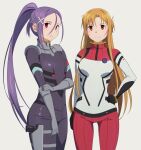  2girls amate_yuzuriha amate_yuzuriha_(cosplay) asuna_(sao) bodysuit braid brown_eyes brown_hair cosplay grey_background gundam gundam_gquuuuuux hair_between_eyes hair_ornament half_up_braid highres long_hair looking_at_viewer mito_(sao) multiple_girls nyaan_(gundam_gquuuuuux) nyaan_(gundam_gquuuuuux)_(cosplay) ponytail puge purple_hair red_eyes smile sword_art_online sword_art_online_progressive very_long_hair x_hair_ornament 