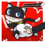  2019 animated atlus black_body black_fur blue_eyes butt clothing dialogue diaper domestic_cat english_text felid feline felis fur furgonomics hand_on_diaper human looking_back male mammal megami_tensei megami_tensei_persona morgana_(persona) ren_amamiya scarf tenerius text video_games white_body white_fur 