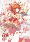  1girl animal_ears artist_name bloomers blush boots bow cherry_hair_ornament closed_mouth cup dress dress_bow drinking_glass food food-themed_hair_ornament foot_out_of_frame frilled_dress frills from_behind green_eyes hair_ornament highres holding holding_tray indoors looking_at_viewer looking_back orange_hair original pudding rabbit rabbit_ears red_boots red_bow roller_skates short_hair short_sleeves skates smile solo standing standing_on_one_leg thick_eyebrows tray tsukumi_bis twitter_username white_bloomers yellow_dress 