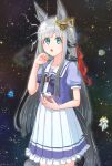  2girls absurdres animal_ears blonde_hair blue_eyes blush breasts chibi chrono_genesis_(umamusume) collarbone grey_hair hair_between_eyes hair_ornament highres horse_ears horse_girl horse_tail long_hair looking_at_viewer multicolored_hair multiple_girls nadeneko0013 notebook open_mouth ribbon school_uniform small_breasts solo_focus space star_(sky) starry_sky_background tail thighhighs tracen_school_uniform two-tone_hair umamusume 