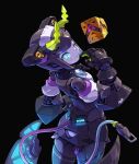  1girl android black_background blue_sclera colored_sclera dia_(world_flipper) highres horns humanoid_robot joints looking_at_viewer looking_back mechanical_skirt metal_skin one_eye_closed robot robot_girl robot_joints solo taedu tail world_flipper 