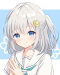  1girl absurdres aqua_neckerchief blue_background blue_eyes closed_mouth collarbone commentary crescent crescent_hair_ornament grey_hair hair_ornament hanazora_satsuki highres letterboxed looking_at_viewer medium_hair neckerchief one_side_up original outside_border own_hands_together sailor_collar satsuki_(hanazora_satsuki) school_uniform serafuku shirt sidelocks smile solo split_mouth star_(symbol) star_hair_ornament white_sailor_collar white_shirt 