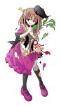  1girl alphes_(style) apron black_hat black_socks blush brown_hair capelet commentary_request dairi damaged defeat dress full_body hat holding kneehighs leaf long_hair mary_janes myouga_(plant) nishida_satono open_mouth parody puffy_short_sleeves puffy_sleeves purple_dress purple_eyes purple_shoes red_ribbon ribbon shoes short_sleeves sidelocks socks solo standing style_parody tachi-e tassel tate_eboshi tears torn_clothes torn_dress touhou transparent_background waist_apron white_apron white_capelet 