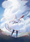  1boy 1girl absurdres black_pantyhose blue_sky capelet chinese_commentary chromatic_aberration cloud cloudy_sky commentary_request day elf field floating_clothes floating_hair frieren from_behind gold_trim grass highres himmel_(sousou_no_frieren) holding holding_staff jacket lahz52 long_hair long_sleeves mage_staff outdoors pantyhose pointy_ears shaped_cloud simple_bird skirt sky sousou_no_frieren staff standing twintails white_capelet white_hair white_jacket white_skirt 