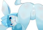  2019 anthro ass_up blue_body blue_eyes blue_fur blush bodily_fluids butt censored eeveelution embarrassed female fur glaceon hi_res looking_back nintendo open_mouth pok&eacute;mon pok&eacute;mon_(species) pussy rear_view simple_background solo sweat sweatdrop tabiari video_games white_background 