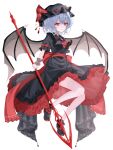  1girl absurdres alternate_color alternate_headwear_color ascot bat_wings black_hat black_shirt black_shoes black_skirt blue_hair brooch closed_mouth collared_shirt commentary frilled_shirt_collar frilled_skirt frills full_body hat hat_ribbon highres holding holding_polearm holding_weapon jewelry looking_at_viewer mob_cap polearm purple_brooch red_ascot red_eyes red_ribbon remilia_scarlet remilia_scarlet_(tiny_devil_mistress) ribbon shirt shoes short_sleeves simple_background skirt smile solo spear_the_gungnir tomura_amane touhou touhou_lostword weapon white_background wings wrist_cuffs 