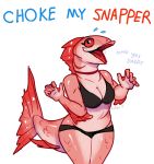  2019 5_fingers anthro bikini bodily_fluids breasts cleavage clothed clothing curvy_figure digital_media_(artwork) english_text excited eyelashes female fin fingers fish fivel gills humor marine membrane_(anatomy) meme non-mammal_breasts open_mouth pun red_eyes red_snapper scales simple_background slightly_chubby smile solo sweat swimwear text until_it_snaps visual_pun voluptuous webbed_hands white_background wide_hips 
