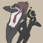  1girl 1other alternate_costume black_gloves black_hat black_jacket black_pants black_suit brown_hair colored_skin cowboy_shot deltarune fedora furry furry_female gloves green_necktie grin hand_in_pocket hand_on_headwear hat heart highres jacket komugiko_(bitte_komu) kris_(deltarune) looking_at_viewer necktie one_eye_covered open_mouth pants ponytail purple_skin red_eyes red_necktie shirt short_hair smile standing suit sunglasses susie_(deltarune) white_shirt yellow_background 