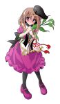  1girl alphes_(style) apron black_hat black_socks blush brown_hair capelet commentary_request dairi damaged defeat dress full_body hat holding kneehighs leaf long_hair mary_janes myouga_(plant) nishida_satono open_mouth parody puffy_short_sleeves puffy_sleeves purple_dress purple_eyes purple_shoes red_ribbon ribbon shoes short_sleeves sidelocks socks solo standing style_parody tachi-e tassel tate_eboshi tears touhou transparent_background waist_apron white_apron white_capelet 
