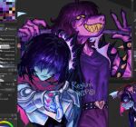  1girl 1other ahoge armlet armor axe belt black_belt black_hair black_jacket black_pants blue_skin bracelet closed_mouth colored_sclera colored_skin colored_teeth deltarune english_commentary freckles furry furry_female grin hair_over_eyes heart_belt_buckle holding holding_axe holding_weapon jacket jewelry kris_(dark_world)_(deltarune) kris_(deltarune) looking_at_viewer metal_gloves official_alternate_costume over_shoulder pants pink_scarf pink_skin pointing pointing_at_viewer purple_hair purple_pants purple_shirt reykun scarf sharp_teeth shirt short_hair smile spiked_armlet spiked_bracelet spikes susie_(dark_world)_(deltarune) susie_(deltarune) teeth torn_clothes torn_sleeves unfinished weapon weapon_over_shoulder yellow_sclera yellow_teeth 