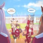  4girls animal_ears asymmetrical_gloves blonde_hair brown_hair closed_eyes ear_ornament ear_ribbon gigi_murin high_ponytail highres hololive hololive_english horse_ears horse_girl horse_tail horseshoe_ornament kemonomimi_mode mismatched_gloves mori_calliope multicolored_hair multiple_girls pink_hair ponytail running school_uniform shep_ww smile streaked_hair symboli_rudolf_(umamusume) tail tokai_teio_(umamusume) tracen_school_uniform tracen_training_uniform two-tone_hair umamusume virtual_youtuber 